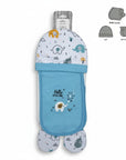 Stork And Baby 100% cotton burp cloth set with matching hat and mittens featuring elephants and "Hello Little One" text.
