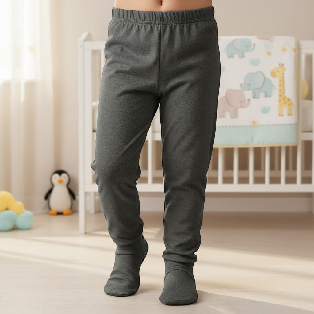 Stork And Baby charcoal grey 100% cotton footed baby leggings with elastic waistband.