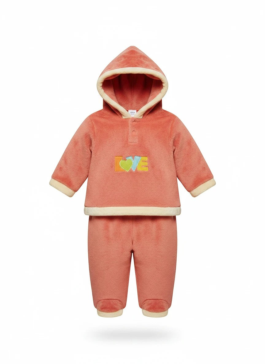 Stork And Baby coral fleece tracksuit with hood and "Love" embroidery. Soft, warm, and cozy for baby girls.