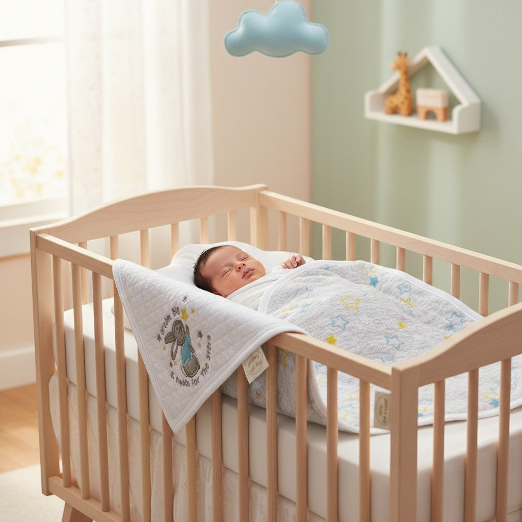 Stork And Baby 100% cotton baby blanket with stars and a rabbit graphic, perfect for newborns.