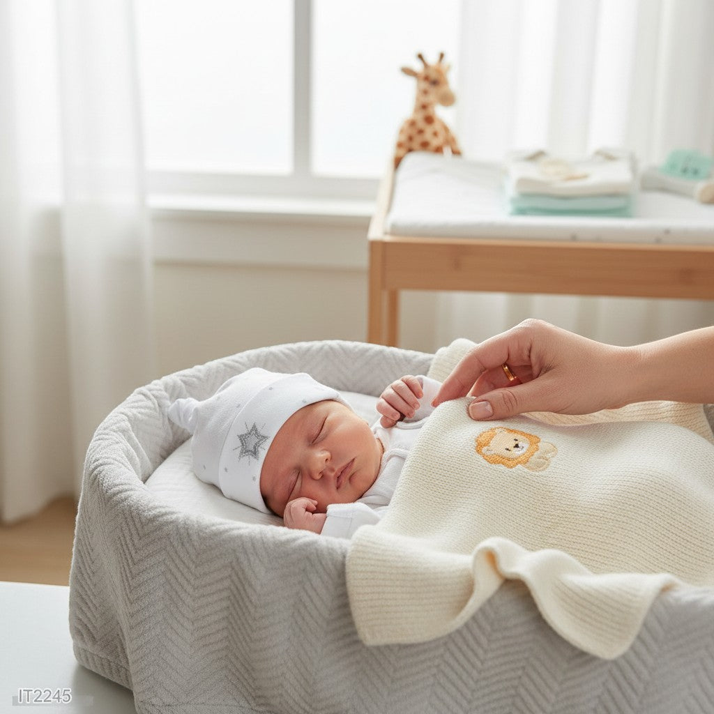 Stork And Baby white 100% cotton 3-piece set with 'Love Beyond Words' embroidery and lion detail on blanket.