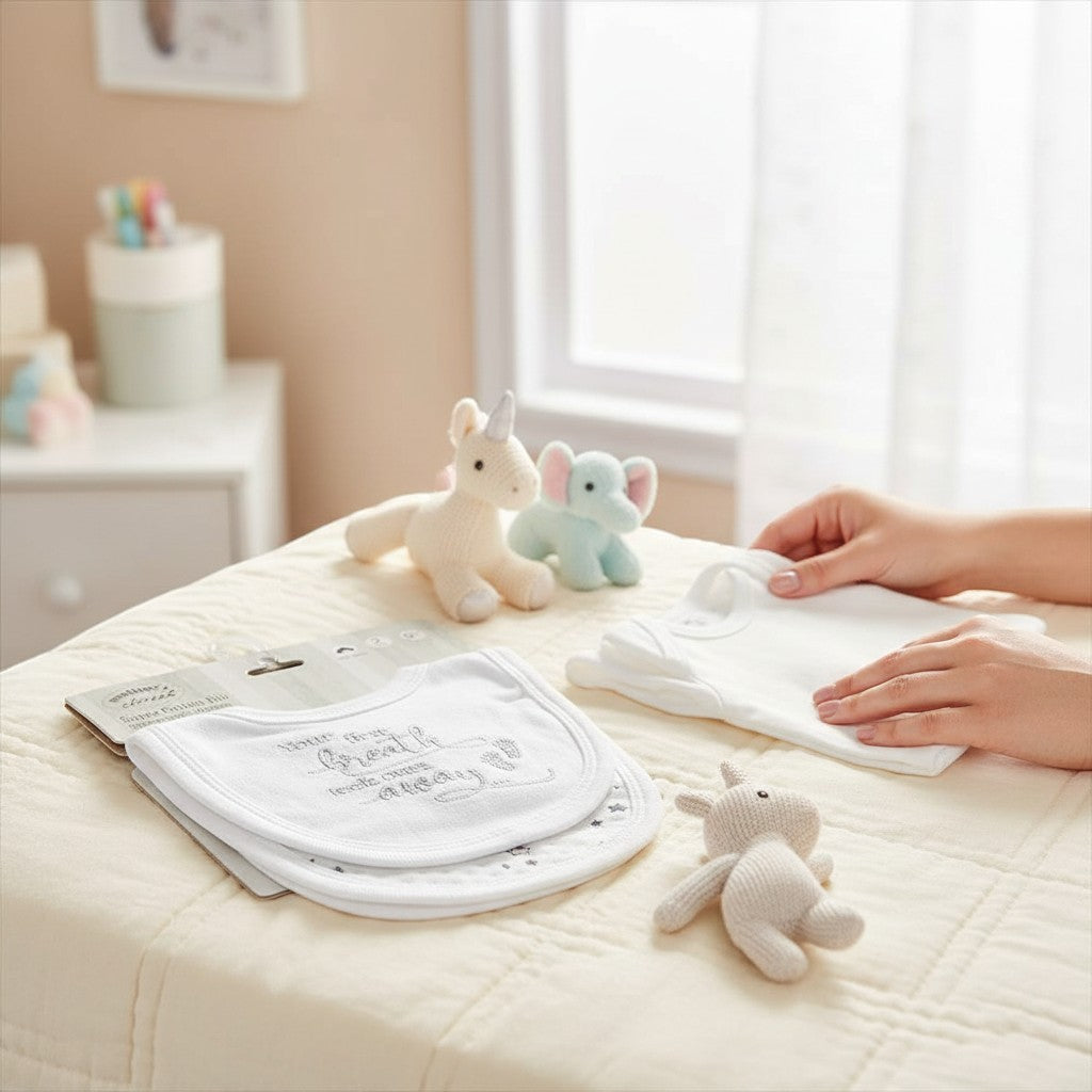 Stork And Baby white 100% cotton 2 pack baby bibs with sentimental "Your First Breath Took Ours Away" embroidery.