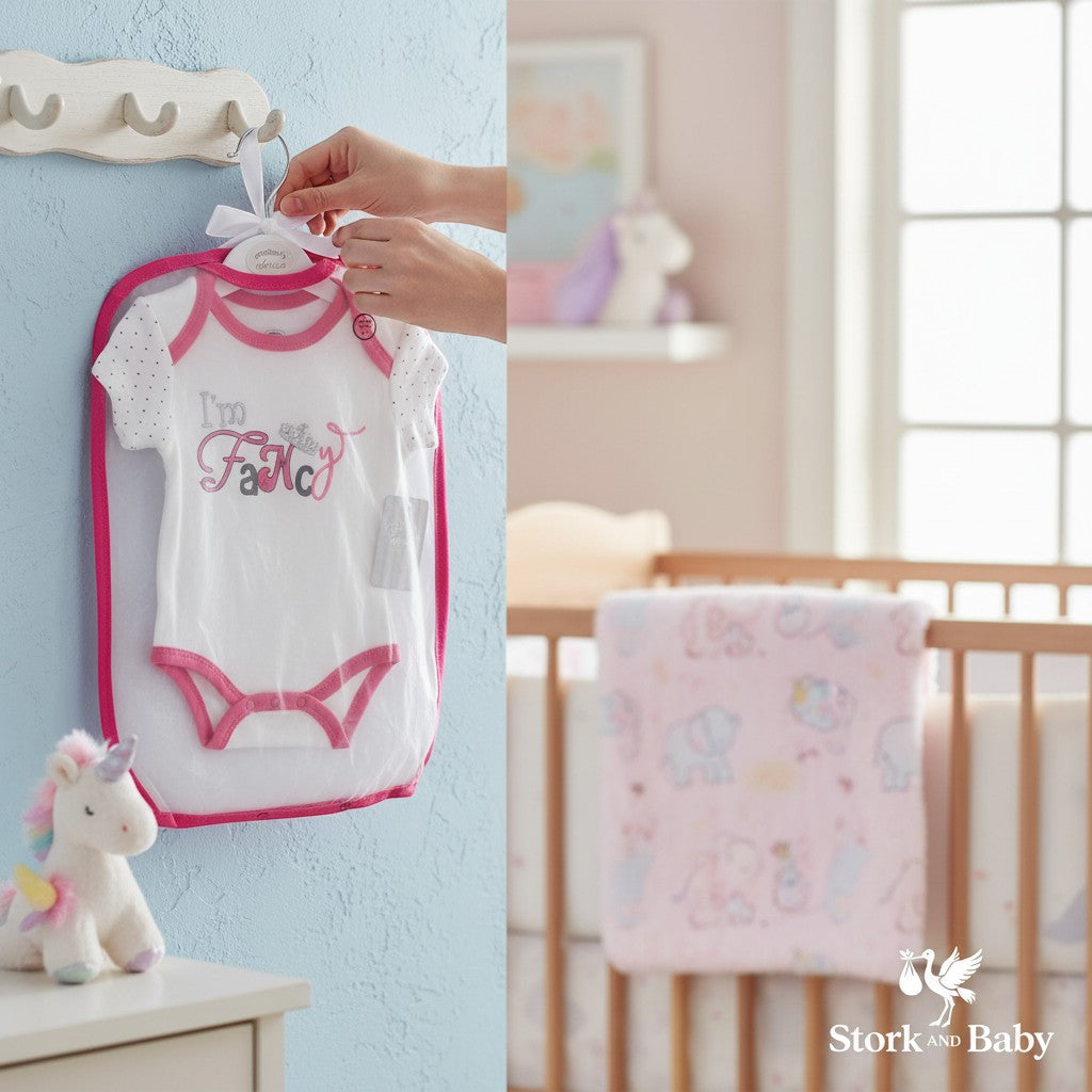 Stork and Baby white 100% cotton baby bodysuit with pink trim and 'I'm Fancy' graphic. Short sleeves with polka dots.