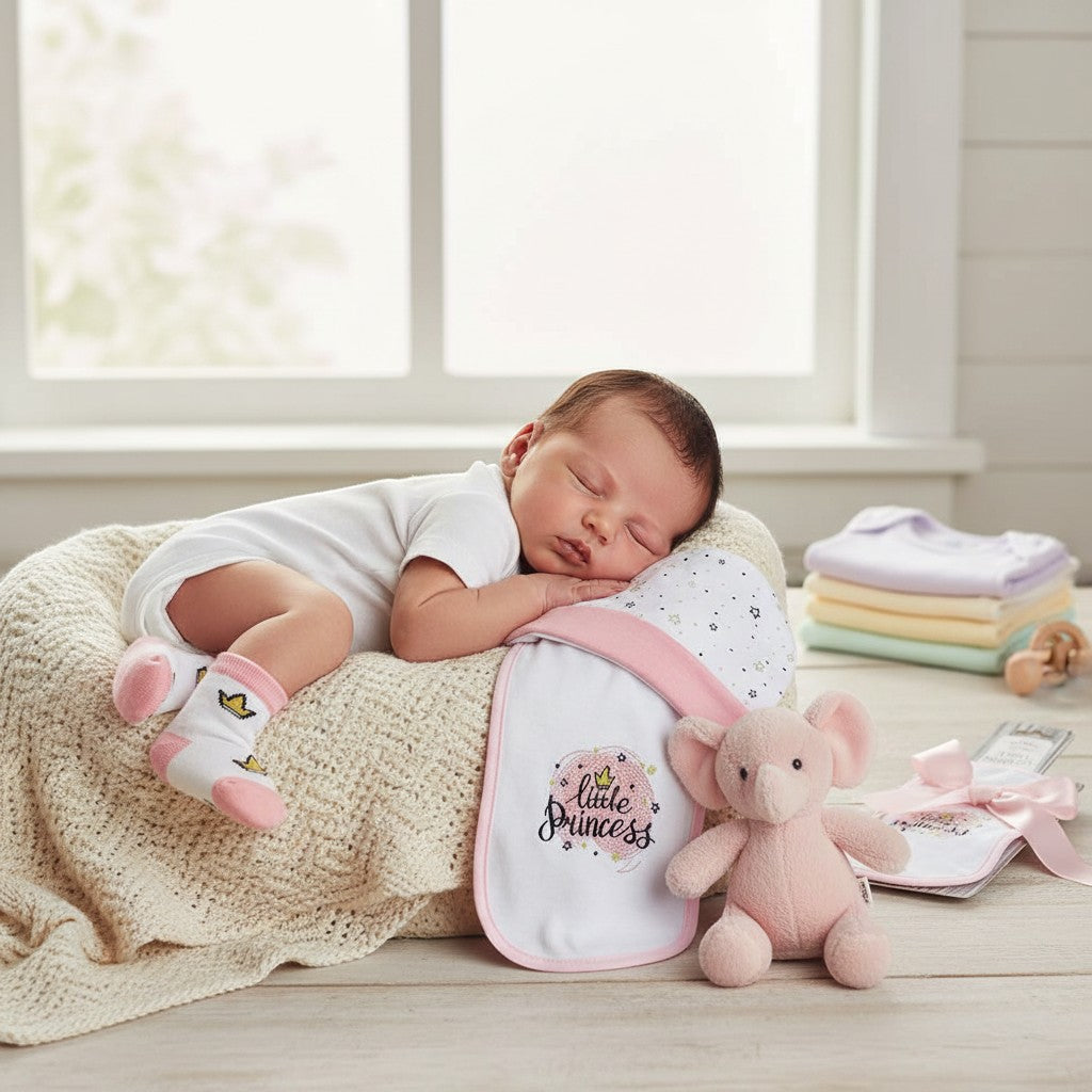 Stork And Baby white 100% cotton burp cloth with pink trim and "Little Princess" embroidery.