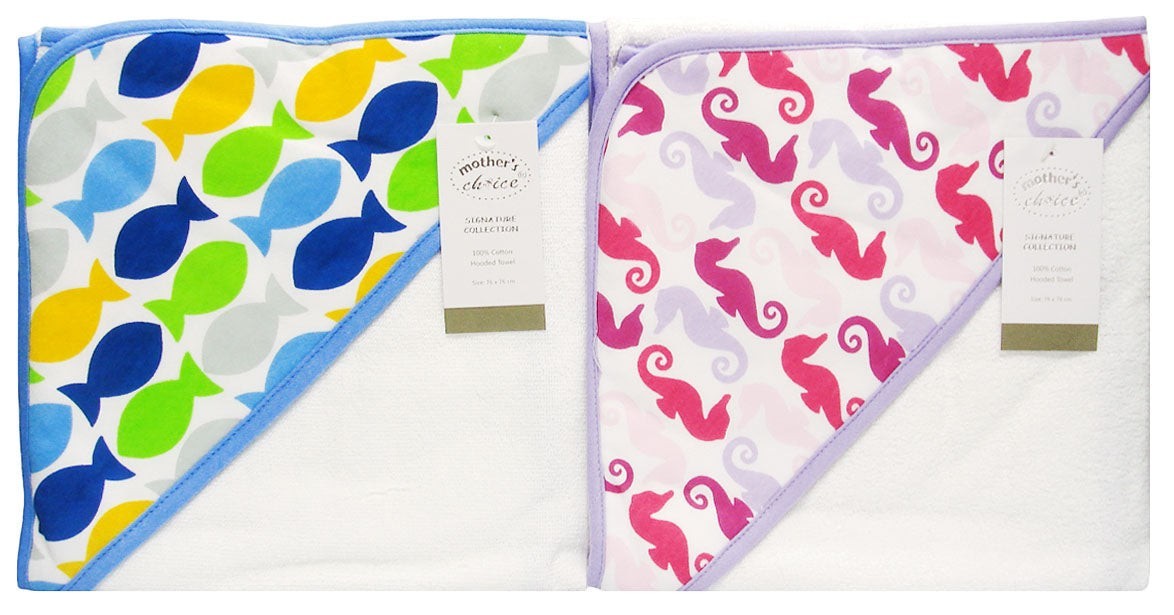 Stork And Baby 100% cotton hooded towel with playful sea creature designs in fish blue and seahorse pink patterns.