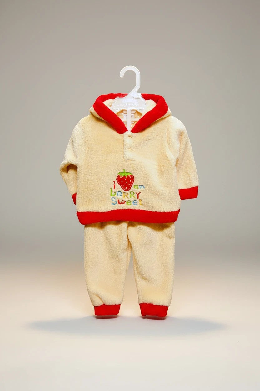 Stork And Baby cream coral fleece tracksuit with red trim and strawberry embroidery. Hooded.