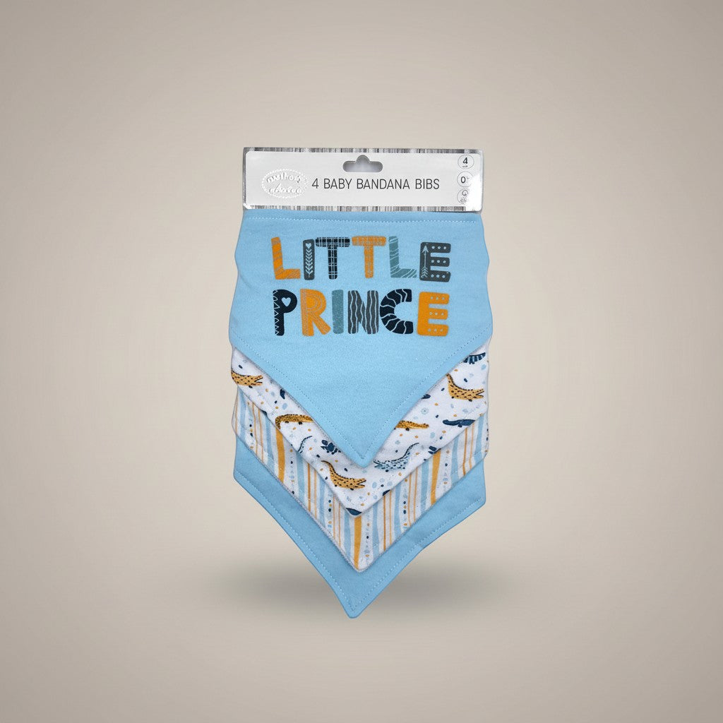 Stork And Baby 4 pack 100% cotton baby bandana bibs in blue with crocodile and 'Little Prince' print.