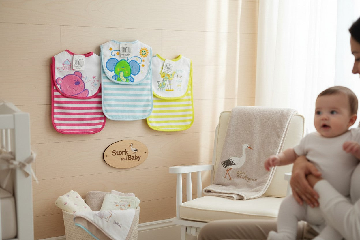 Stork And Baby pink, blue, and yellow striped bibs with cute creature embroidery. Set of 3.