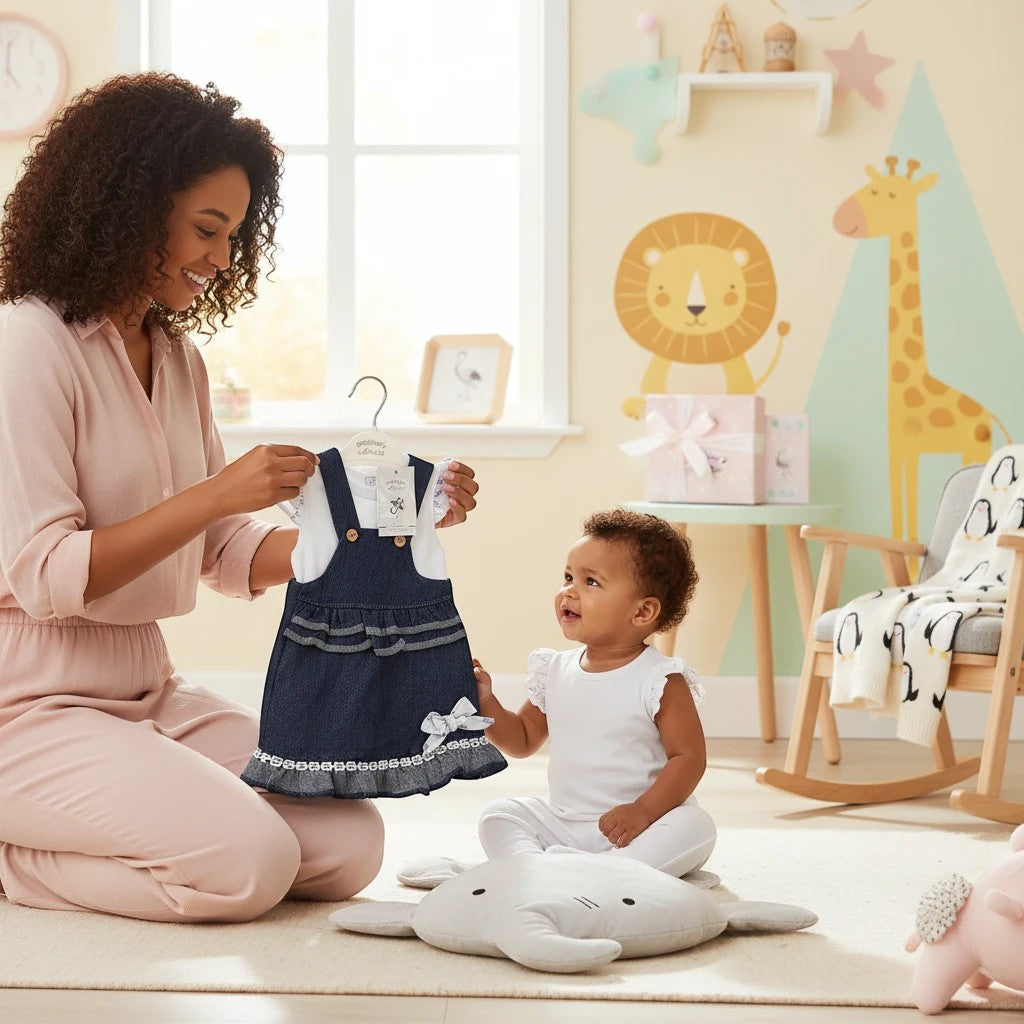 Stork And Baby denim pinafore and t-shirt set for infant girls, featuring a dark wash denim pinafore with a bow and ruffled hem, paired with a white t-shirt.
