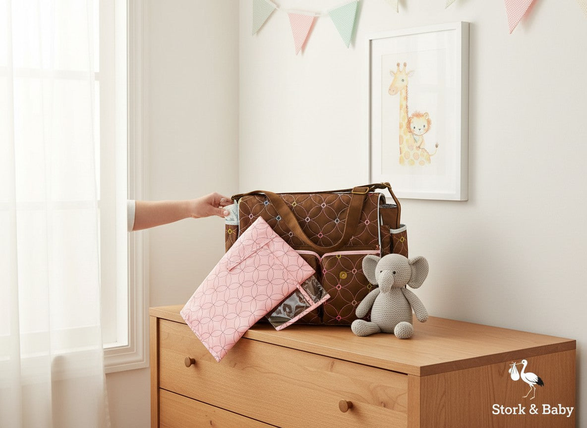 Stork And Baby brown microfibre diaper bag with embroidered circles and pink trim. Includes changing pad.