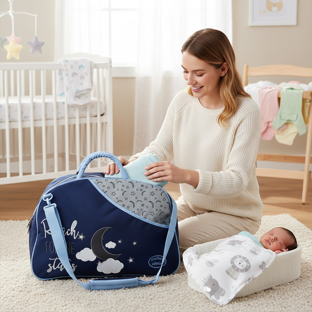 Stork And Baby navy blue diaper bag with moon and stars design, round top opening, and light blue accents.