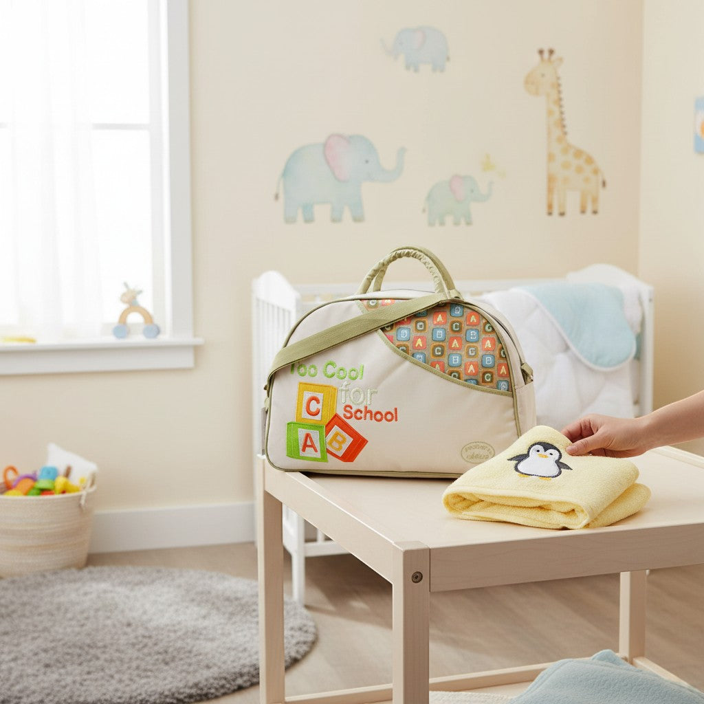 Stork And Baby 'Too Cool For School' diaper bag in cream with green trim, featuring alphabet blocks and playful text. Round top opening.
