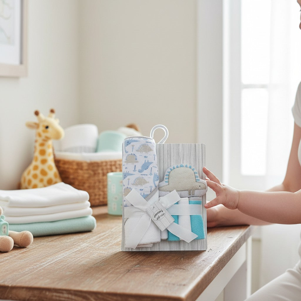 Stork And Baby blue dino hooded towel, washcloths, and wash sponge set. Soft cotton for baby's skin.