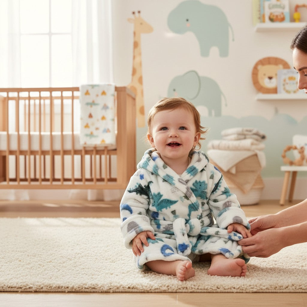 Stork And Baby white and blue dinosaur print 100% polyester baby bathrobe with hood and belt.