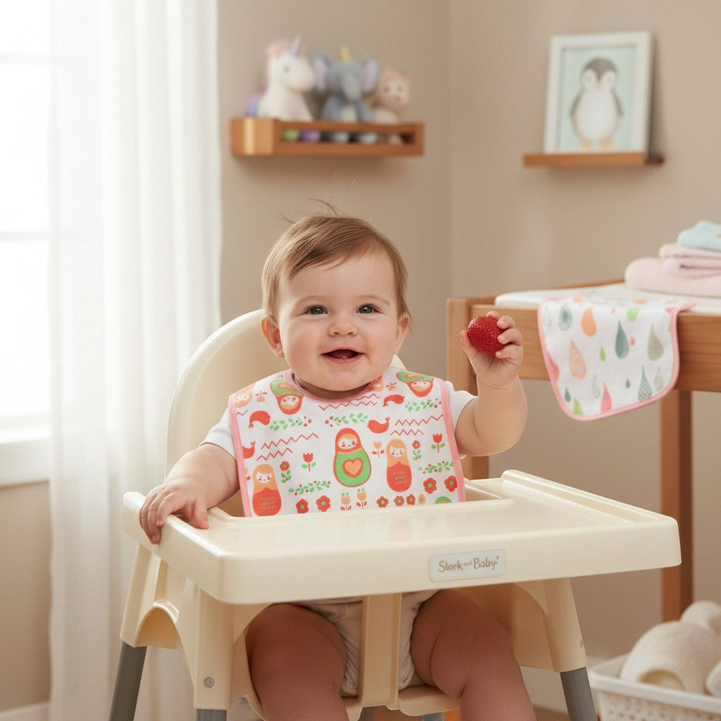 Stork And Baby 100% cotton baby bibs with a doll print and pink trim. A happy baby sits in a high chair holding a strawberry.