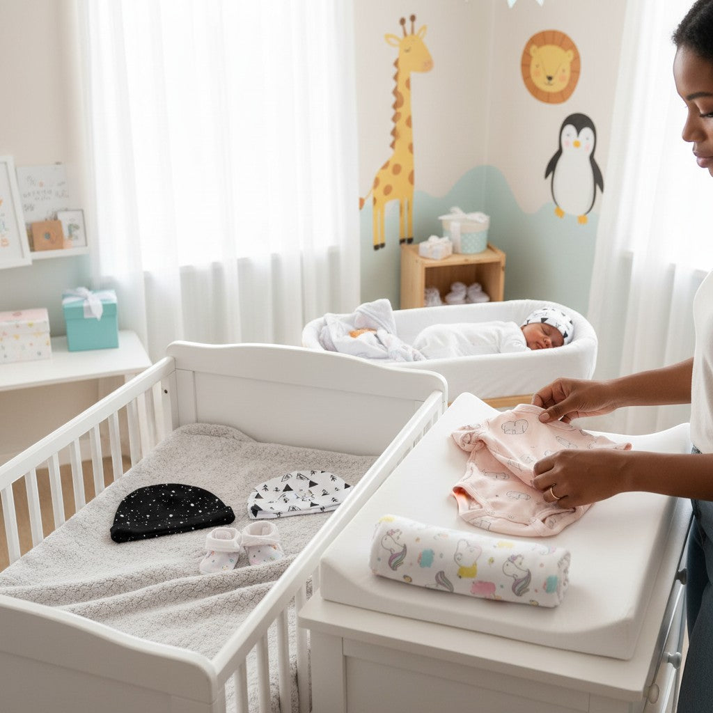 Stork And Baby black beanie with white stars, white beanie with mountain print, and baby booties on a grey blanket in a crib.