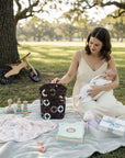 Stork And Baby double bottle warmer bag with dark circles pattern, insulated for travel and outings.