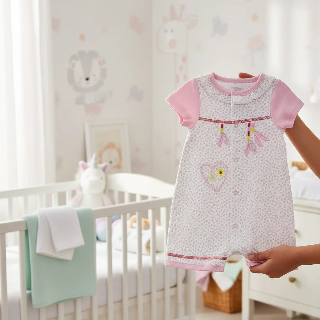 Stork And Baby white 100% cotton baby romper with pink sleeves and dream catcher detail.