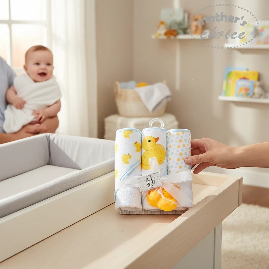 Stork And Baby 3 pack of hooded baby towels with yellow duck patterns and matching rubber duck toys