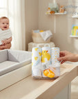 Stork And Baby 3 pack of hooded baby towels with yellow duck patterns and matching rubber duck toys