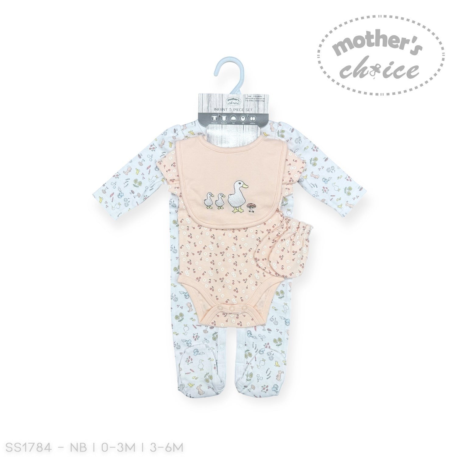 Stork And Baby 5-piece baby set with duck and squirrel print, includes bodysuit, bib, hat, and mittens. 100% cotton.