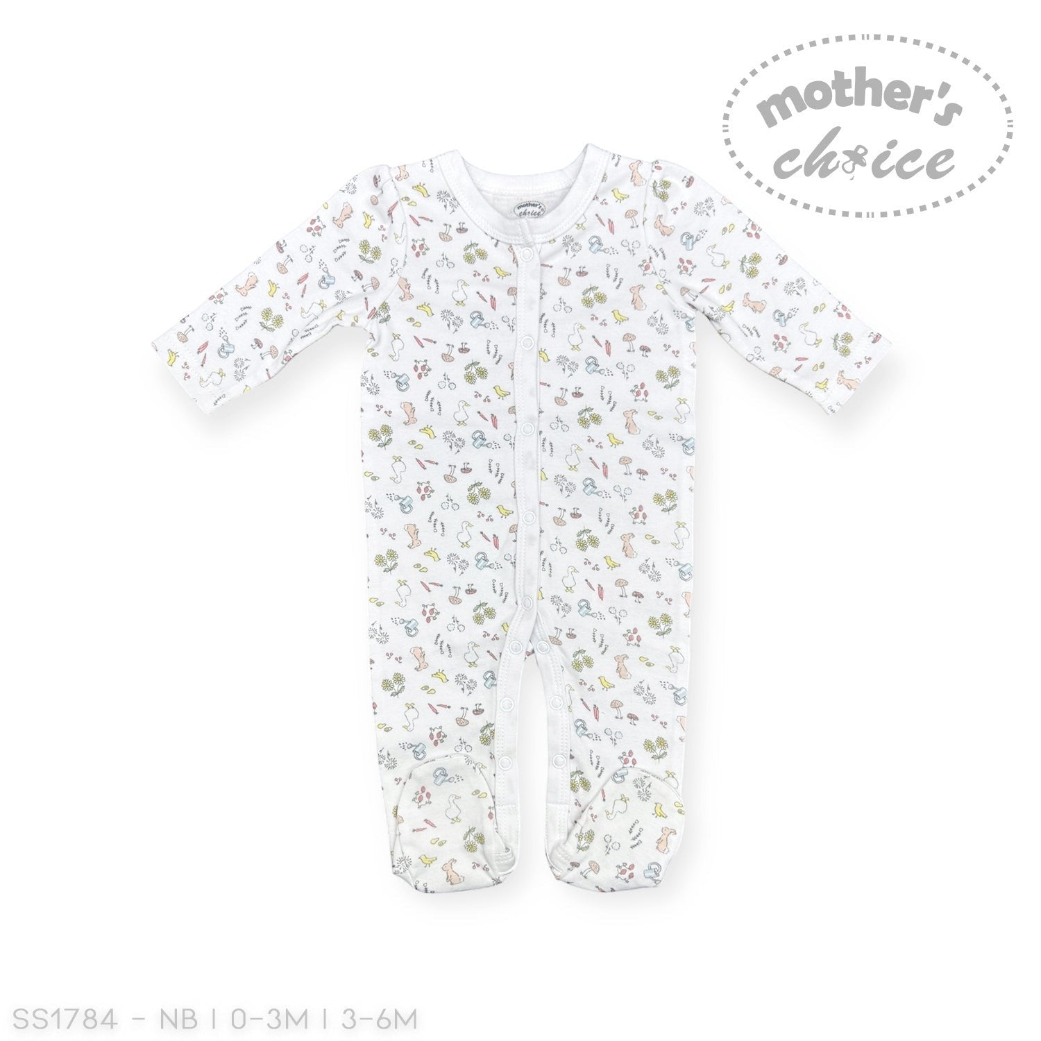 Stork And Baby white cotton interlock babygrow with ducks and squirrels print. Snap closure.