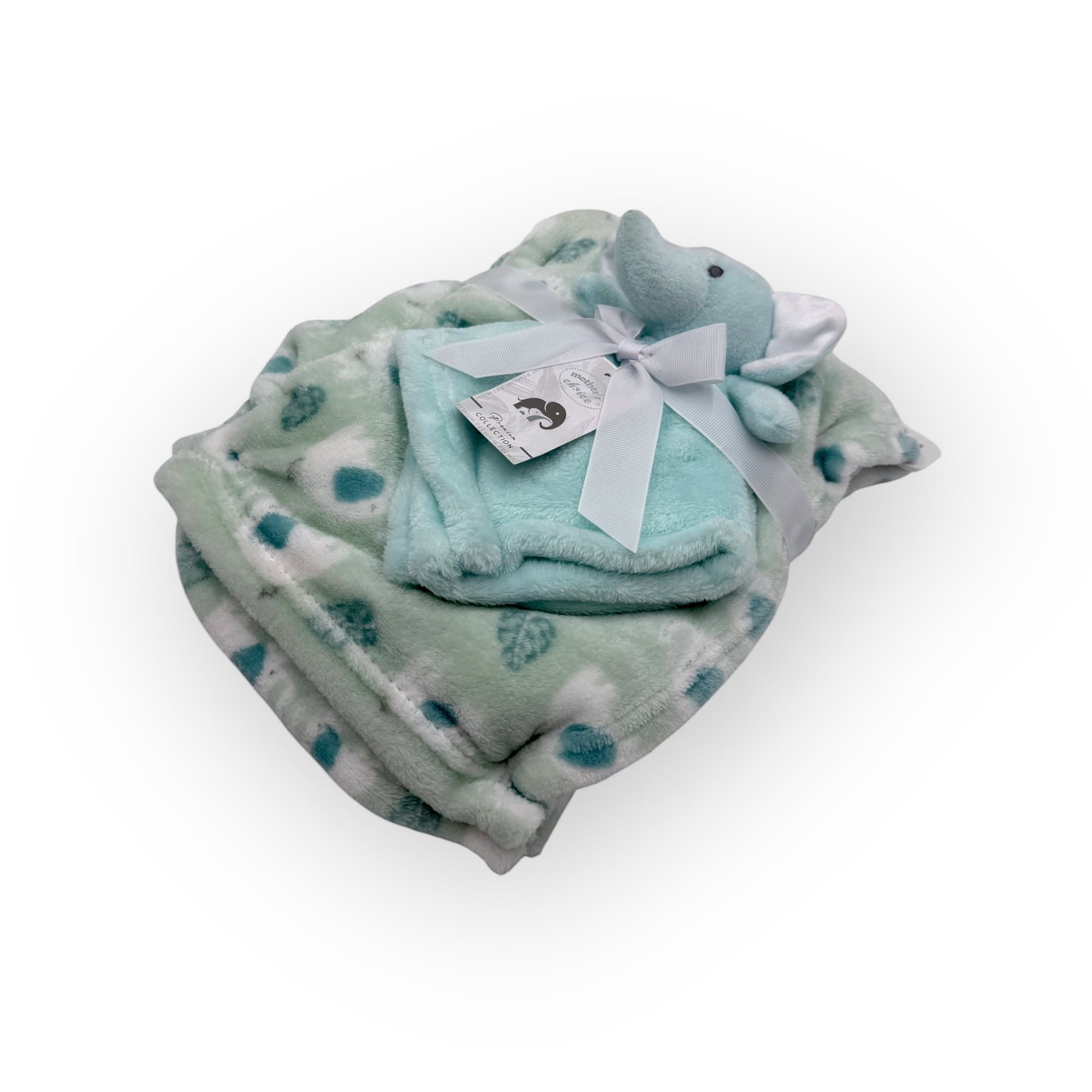 Stork And Baby Mothers Choice Dudu Blanket for boys, featuring a plush elephant toy and a soft mint green blanket with white and teal leaf print.