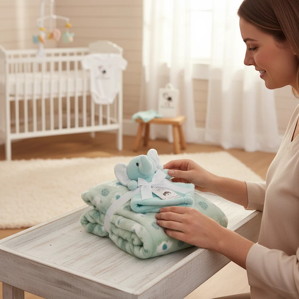 Stork And Baby Mothers Choice Dudu Blanket for boys, a mint green plush blanket with white polka dots and an attached elephant toy.