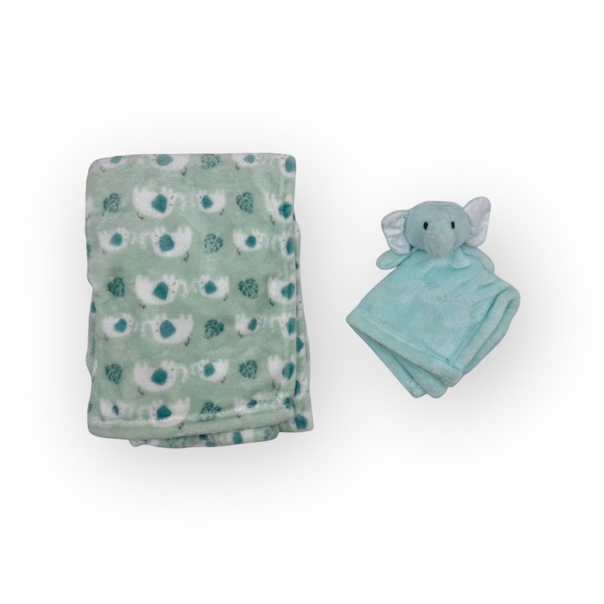 Stork And Baby green fleece baby blanket with elephant pattern and matching elephant security blanket.