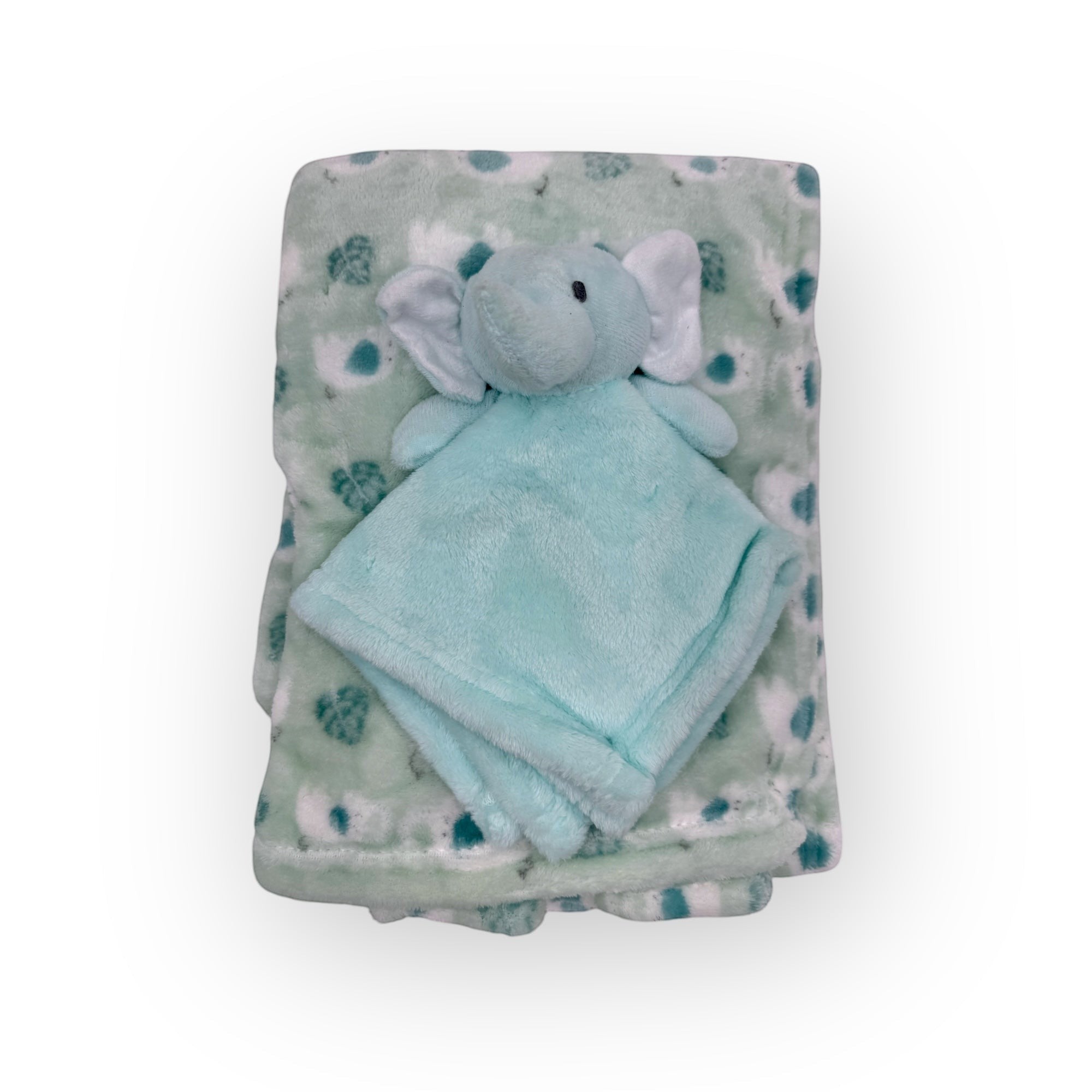 Stork And Baby Mothers Choice Dudu Blanket for boys, featuring a teal elephant plush toy attached to a soft, mint green blanket with an elephant pattern.