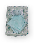 Stork And Baby Mothers Choice Dudu Blanket for boys, featuring a teal elephant plush toy attached to a soft, mint green blanket with an elephant pattern.