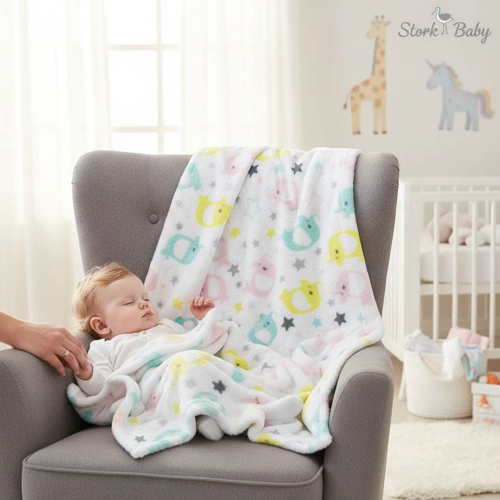 Stork And Baby white polyester baby blanket with pink, yellow, and teal elephant print and stars.