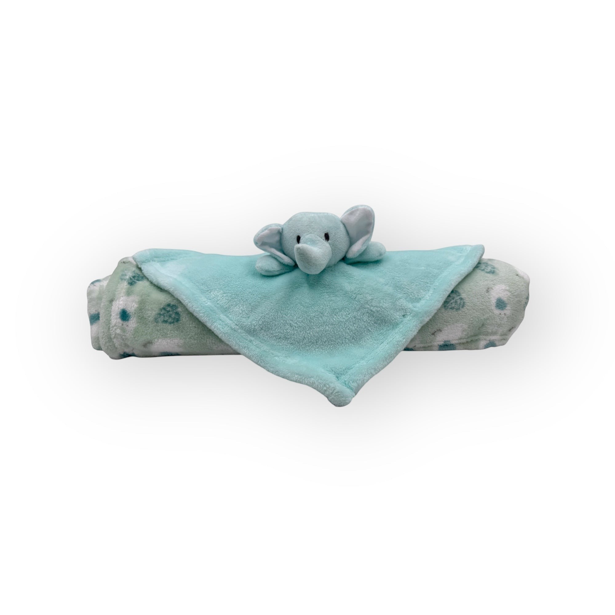 Stork And Baby blue elephant security blanket with a patterned edge.