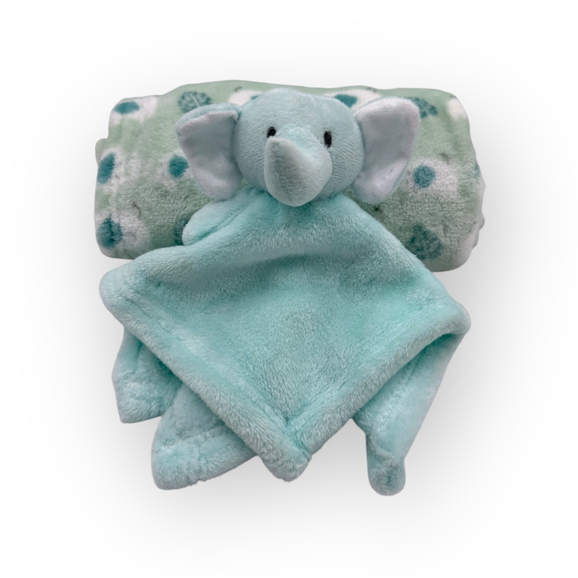 Stork And Baby blue plush elephant security blanket with green patterned backing.