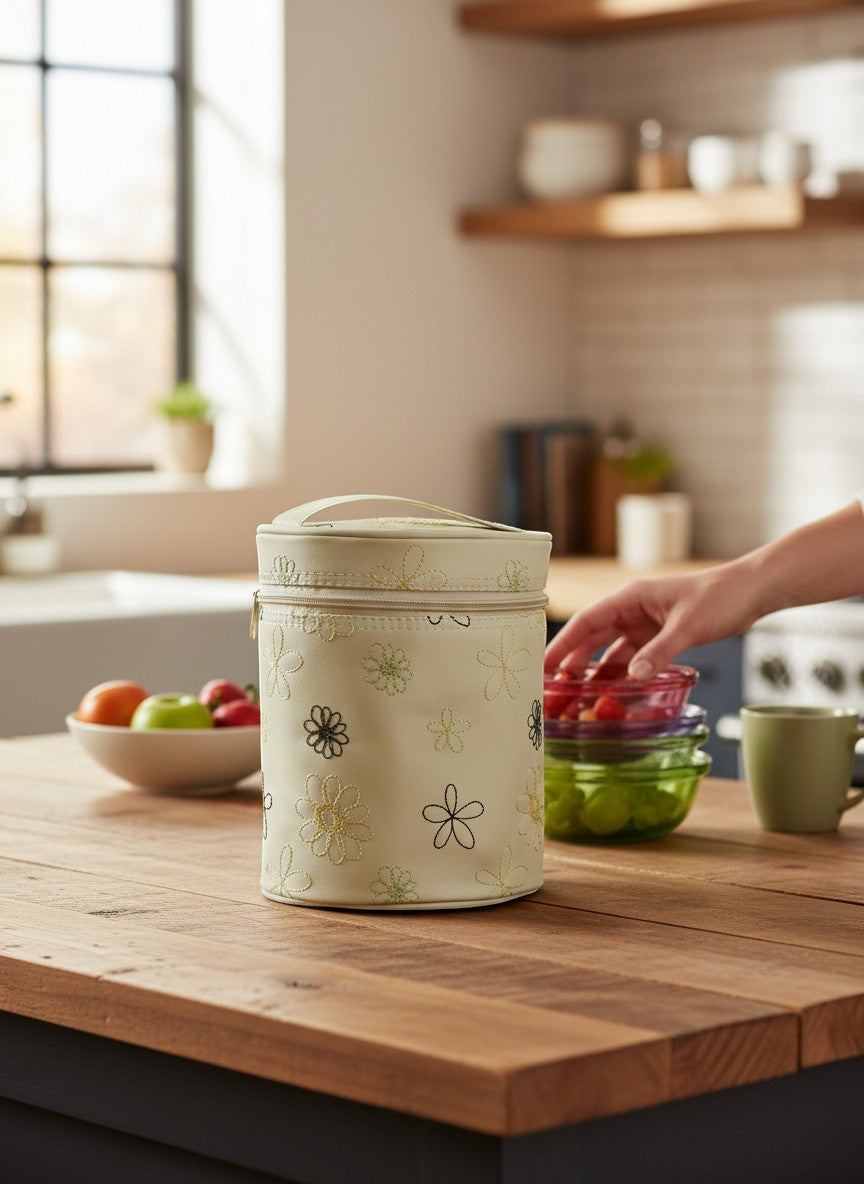 Stork And Baby embroidered bottle warmer in stone and brown with floral stitching, perfect for travel.
