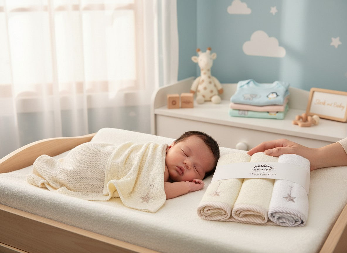 Stork And Baby embroidered facecloth set, 3 pack, soft cotton, white, yellow, and grey with star detail.