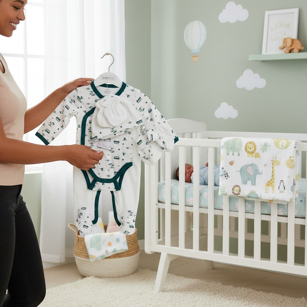 Stork And Baby Emerald Surfer baby boy starter pack, white cotton with green trim and vehicle print, includes onesie, hat, mittens, booties.