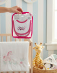 Stork And Baby 100% cotton 2-pack baby bibs with pink trim and 'I'm Fancy' embroidery.