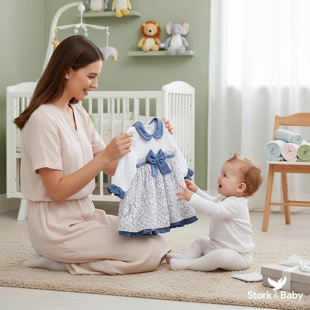 Stork And Baby white and blue floral baby dress with bow detail, perfect for special occasions.