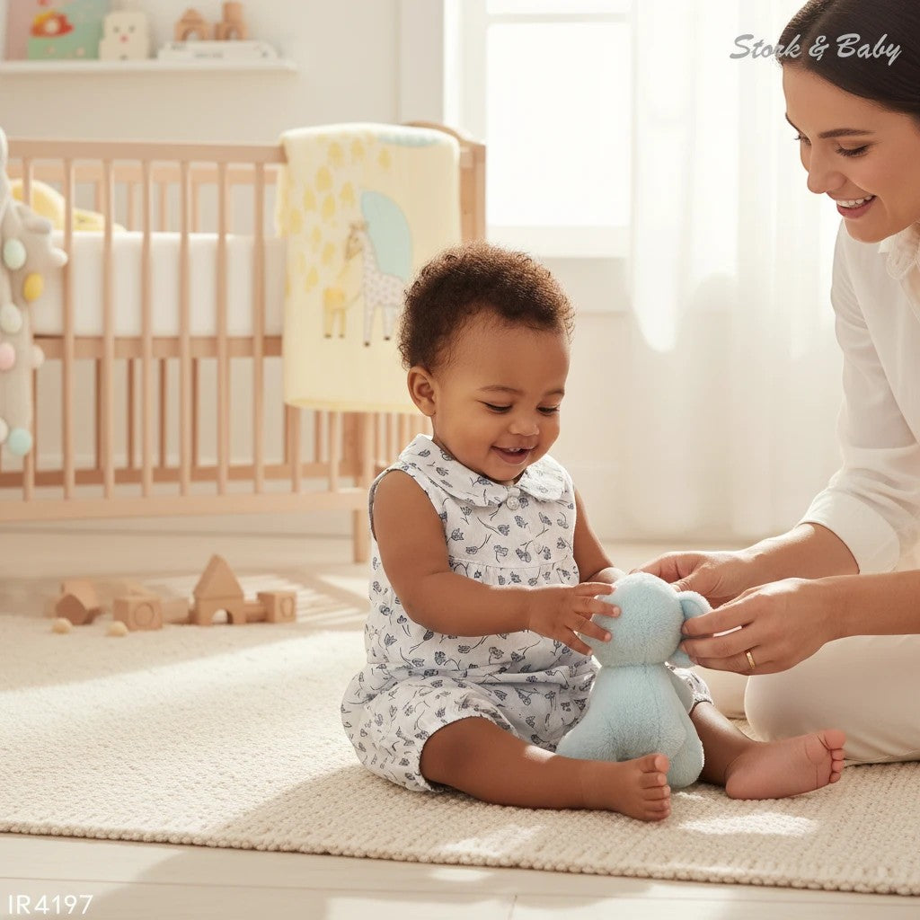Stork And Baby white floral print romper with collar on a baby girl playing with a blue toy.