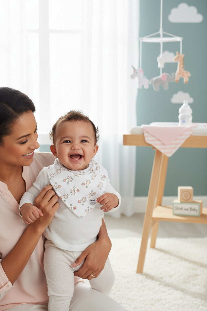 Stork And Baby 3 pack white triangle bibs with a delicate floral pattern for babies.