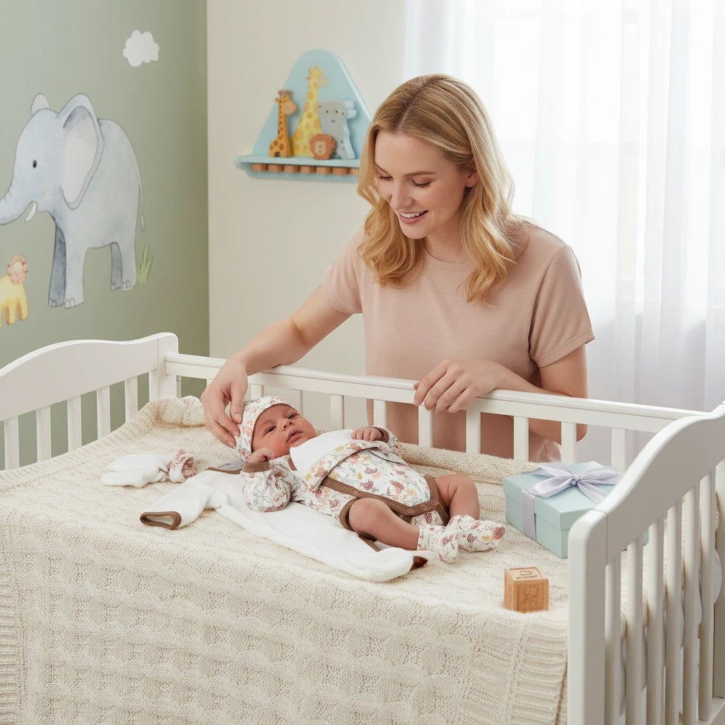 Stork And Baby Mothers Choice Starter Pack 'Forest Fantasy' babygrow, bodysuit, hat, mittens, and blankie with woodland print.