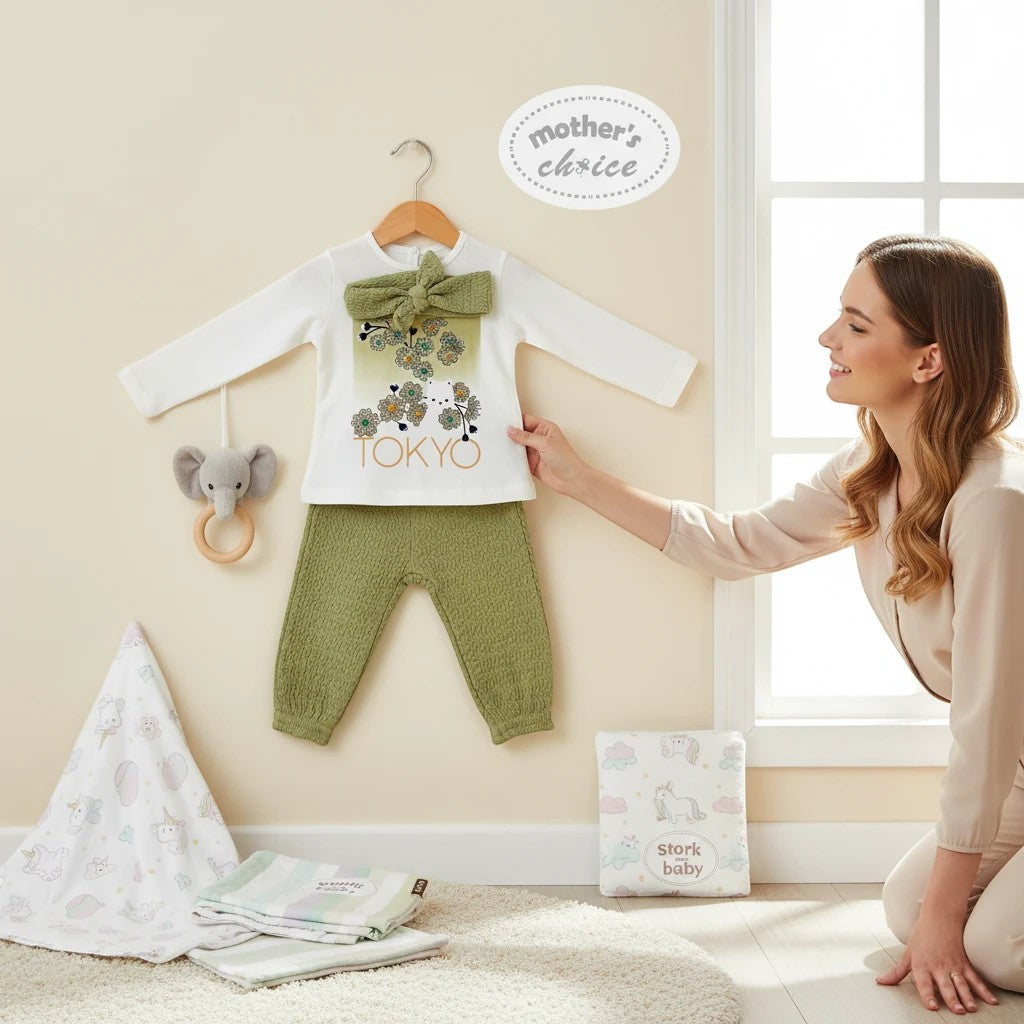 Stork And Baby white long-sleeve top with floral Tokyo graphic and green textured pants. Includes green bow detail.