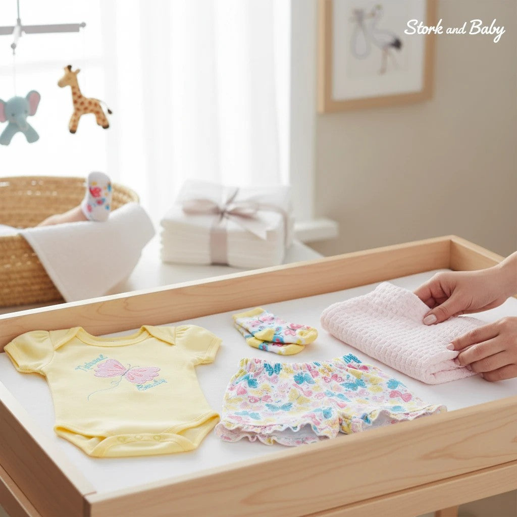Stork and Baby Girls Butterfly 3-piece set: yellow bodysuit with butterfly graphic, floral shorts, and butterfly socks. Soft cotton.