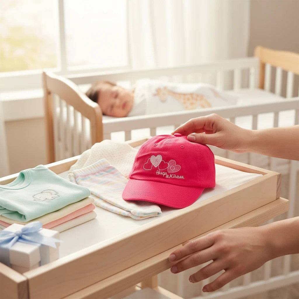 Stork And Baby pink cotton cap with embroidered hearts and "Hugs &amp; Kisses" text for girls.