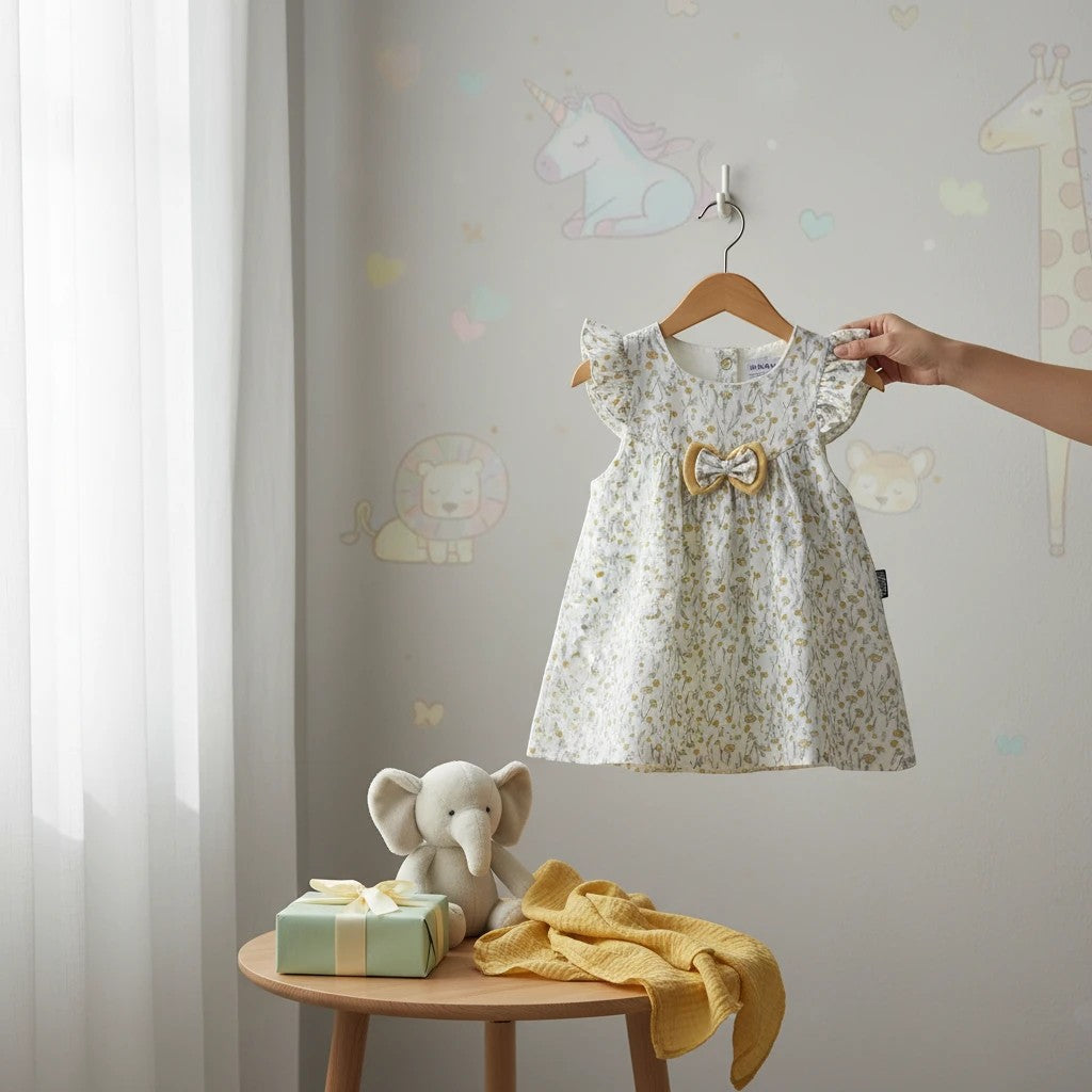 Stork And Baby Girls white floral print dress with yellow bow detail and flutter sleeves.