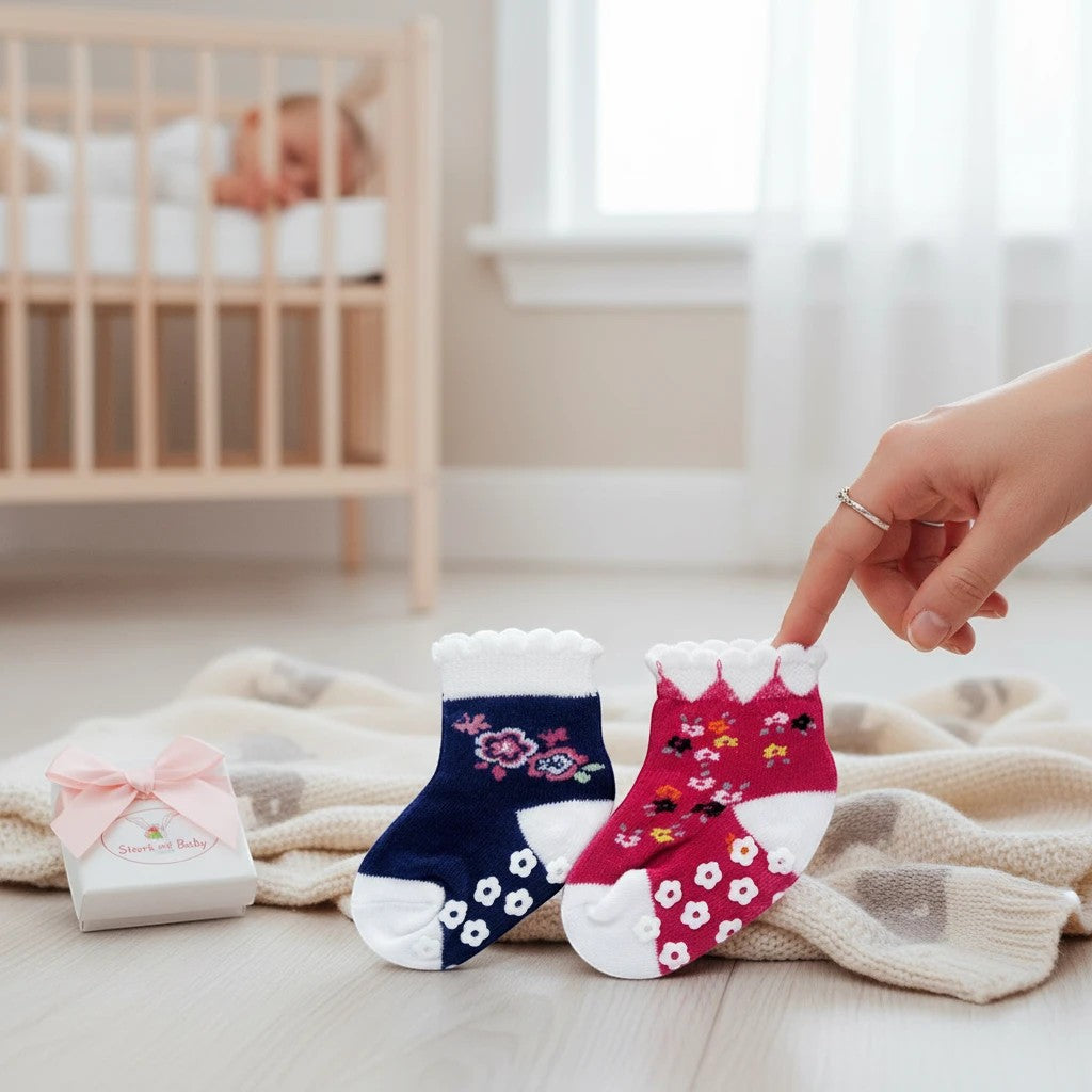 Stork And Baby girls' 2-pack non-slip socks in navy with floral embroidery and pink with floral print. White ruffled cuffs and non-slip grips.