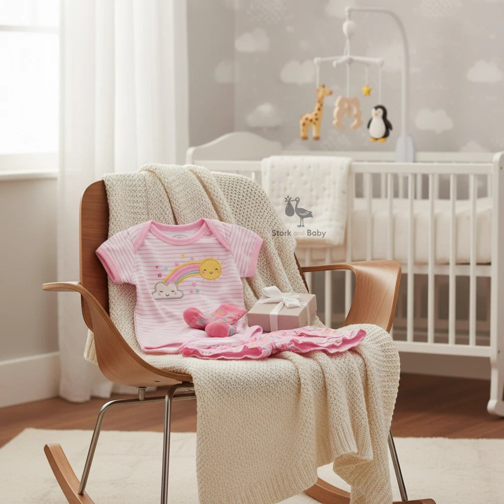Stork and Baby Girls Rainbow 3-piece set: pink striped bodysuit with rainbow and sun, pink socks, and ruffled shorts.