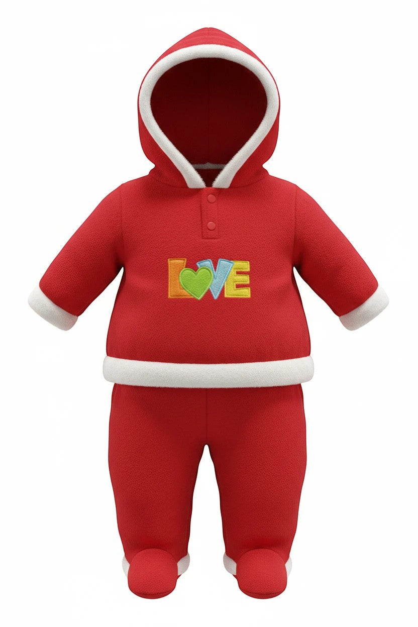 Stork And Baby Girls red coral fleece tracksuit with white trim and "Love" embroidery. Hooded.