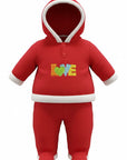 Stork And Baby Girls red coral fleece tracksuit with white trim and "Love" embroidery. Hooded.